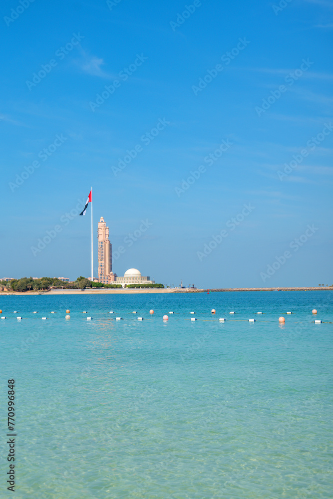 view from Corniche beach to Marina island in Abu Dhabi, UAE