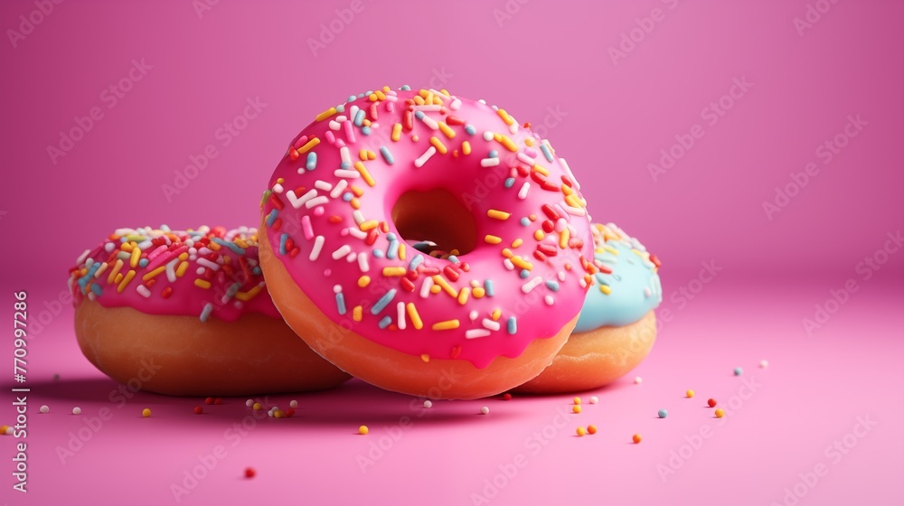 Sprinkled pink donuts concept background. Frosted sprinkled doughnuts poster wallpaper. Creative sweet food. Raster bitmap digital illustration. AI artwork. Sprinkled pink donuts concept background. Frosted sprinkled doughnuts poster wallpaper. Creative sweet food. Raster bitmap digital illustration. AI artwork.