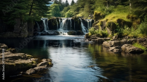 Waterfall flowing into a lake surrounded by trees