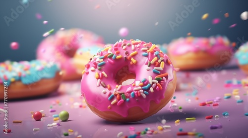 Sprinkled pink donuts concept background. Frosted sprinkled doughnuts poster wallpaper. Creative sweet food. Raster bitmap digital illustration. AI artwork. photo