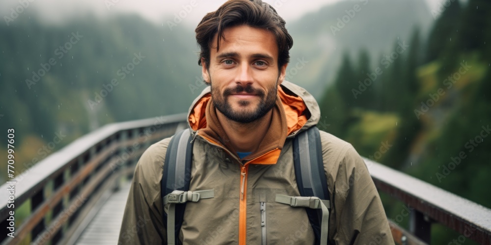 Fototapeta premium A male tourist stands on a mountain bridge in the Alps. Generative AI.