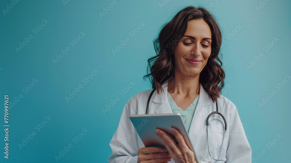 Beautiful mature female doctor in white coat holding digital tablet and looking at it, smiling while standing against blue background. Healthcare and digital technologies Beautiful mature female doctor in white coat holding digital tablet and looking at it, smiling while standing against blue background. Healthcare and digital technologies