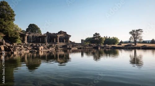 Calm lake with ancient ruins view