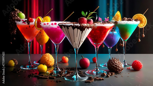 Cocktails in martini glasses with fruits and chocolate on dark background