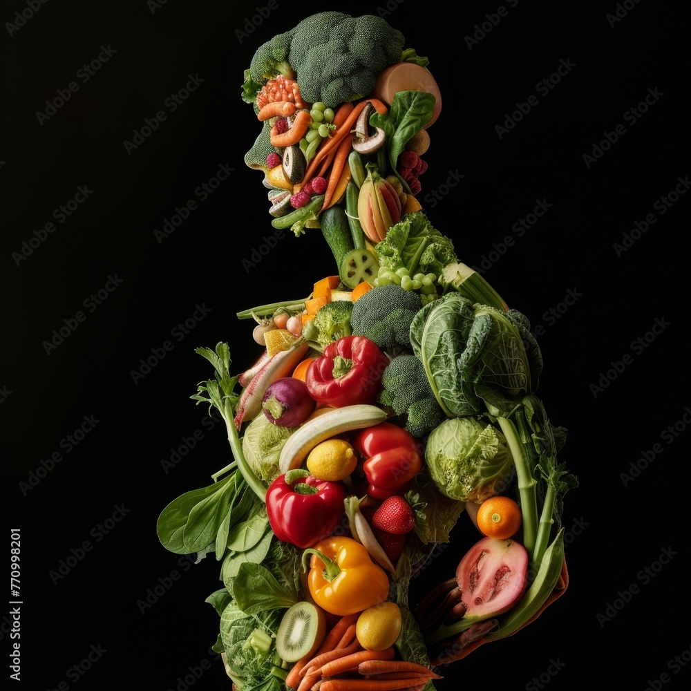 Man made of vegetables and fruits on a clean background. Healthy lifestyle, Generative AI. Man made of vegetables and fruits on a clean background. Healthy lifestyle, Generative AI.
