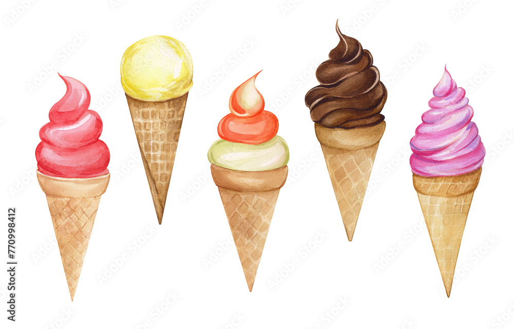 Watercolor large set of ice creams in a cone. Illustration of multi-colored ice creams of different flavors, berry, chocolate, strawberry, lemon, cherry. Design and decoration Watercolor large set of ice creams in a cone. Illustration of multi-colored ice creams of different flavors, berry, chocolate, strawberry, lemon, cherry. Design and decoration