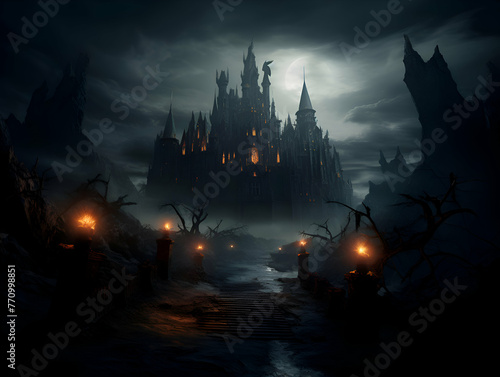Halloween background with spooky castle and moon. 3d render