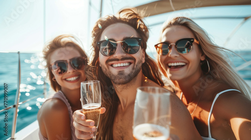 Group of friends having fun together and drinking champagne while sailing in the sea on luxury yacht, Traveling and yachting concept