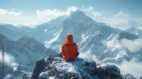 Person in orange jacket sitting on mountain peak above clouds. Adventure and solitude concept. High-altitude landscape photography with clear sky.