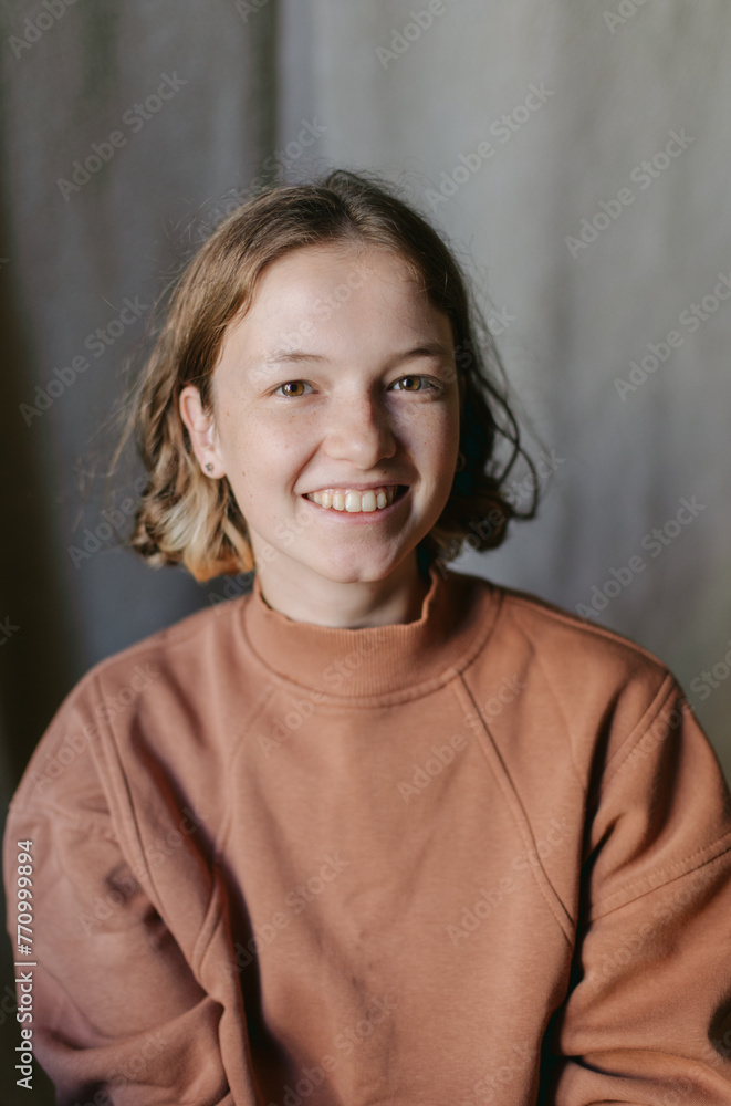 portrait of a brown-haired girl with freckles portrait of a brown-haired girl with freckles