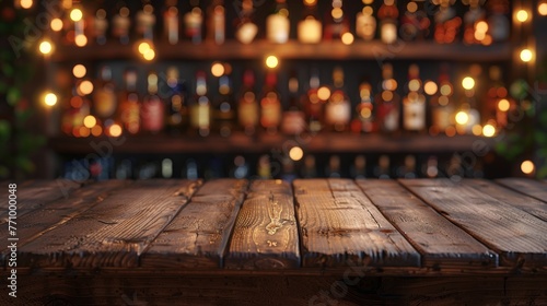 Rustic Wooden Board and Alcohol Bottles Arranged on Shelves in a Serene Background Generative AI © Alex