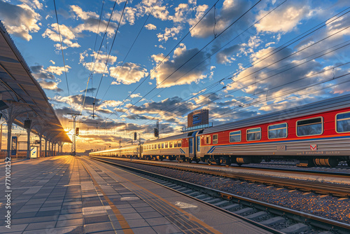 A scene of the Aeroexpress train arriving at Moscow Skolkovo station under a tranquil blue sky with clouds. photo