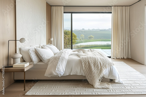 A serene bedroom featuring a platform bed with crisp white linens and a soft throw blanket. A large window offers a view of a tranquil landscape. 