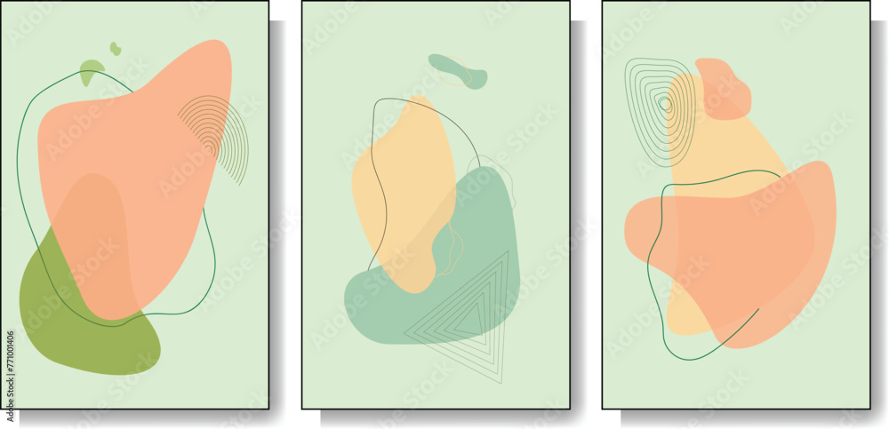 Set of 3 minimalist wall art. Abstract prints for boho aesthetic interiors. Home decor wall prints, terracotta color. Printable contemporary artistic vector