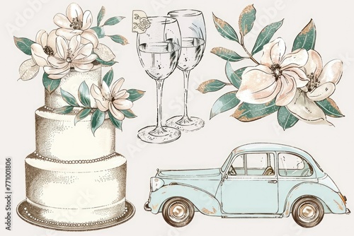 wedding illustration. multi-tiered white cake with flowers. Glasses of champagne. retro car. Postcard. Invitational