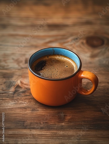 Minimalist Coffee Setup: Blue Coffee in Dark Orange Mug on Wooden Countertop Generative AI