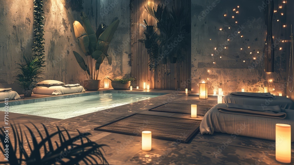 A Tranquil Spa Experience Illuminated by Soft, Warm Lights Promoting Wellness and Relaxation