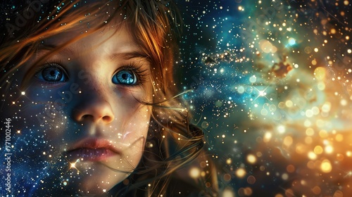 A Girl’s Expressive Eyes Gleaming Against a Starry Background with Galaxy Patterns