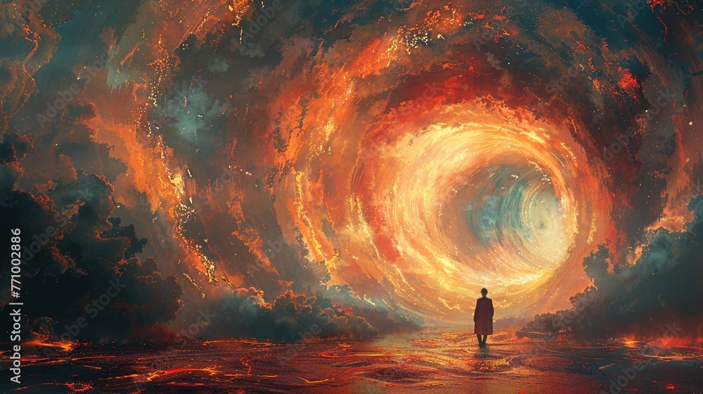 An individual stands before a swirling cosmic vortex in a fiery, apocalyptic landscape, evoking a sense of wonder and the unknown.
