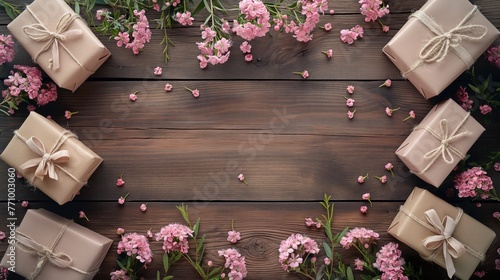 Fundo fotográfico do Dia das Mães com flores no fundo de madeira. Representação: amor materno, celebração, laços familiares, gratidão. photo