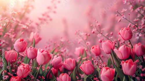 Fundo fotográfico do Dia das Mães com tulipas e fundo rosa. Representação: amor materno, celebração, laços familiares, gratidão. photo