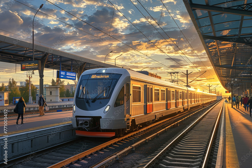 Naklejka premium An Aeroexpress train entering Moscow's Skolkovo station against a backdrop of a serene sky and passengers.