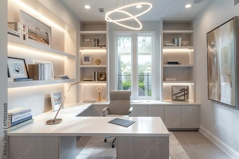 An elegant home office designed for productivity, with a sleek white desk, ergonomic chair, and built-in shelves holding books and decor.  