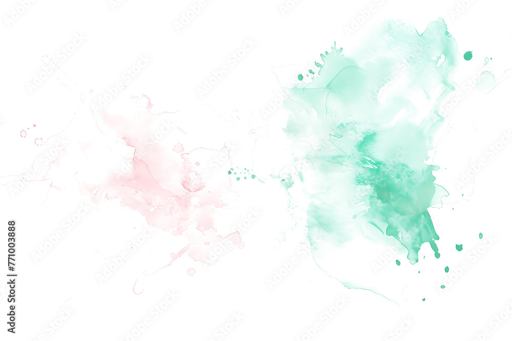 Pastel pink and mint green watercolor blobs blending on white background.