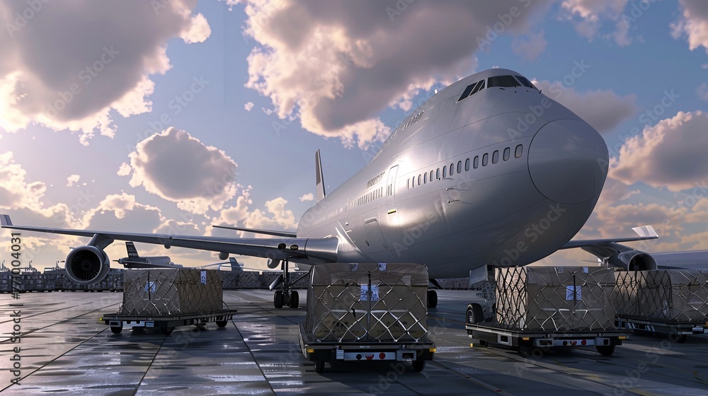 Cargo plane loading on runway with packages Cargo plane loading on runway with packages