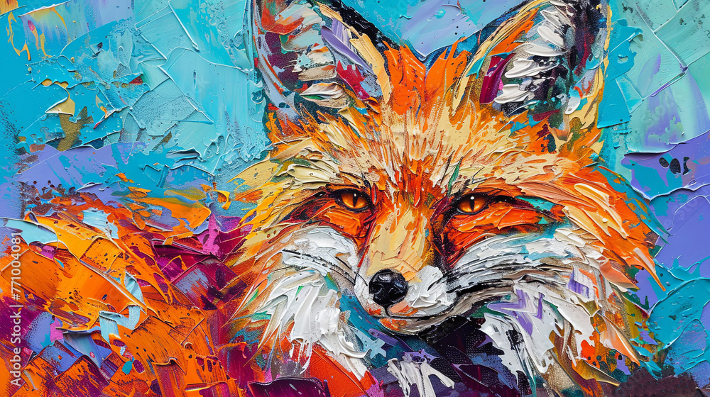 Fototapeta premium Close-up portrait of a fox in painting style. A wild animal stares piercingly at the camera. Illustration for cover, card, postcard, interior design, banner, poster, brochure or presentation.