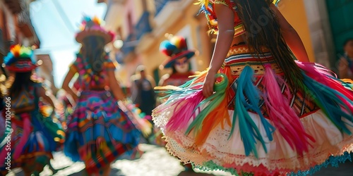 Bolivian Woman in Traditional Attire Dances with Colorful Feather Mask at Street Carnival. Concept Cultural Celebration, Traditional Attire, Street Carnival, Bolivian Woman, Colorful Feather Mask