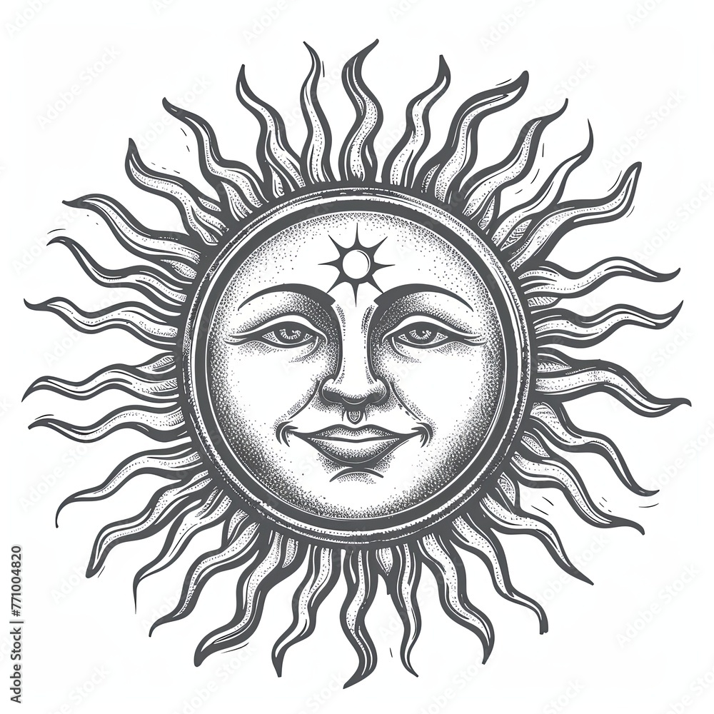 An image of the sun with a face and rays. A mystical, esoteric or occult design element. Cartoon characters in pencil drawing style. Black and white image. Illustration for cover, card, print, etc. An image of the sun with a face and rays. A mystical, esoteric or occult design element. Cartoon characters in pencil drawing style. Black and white image. Illustration for cover, card, print, etc.