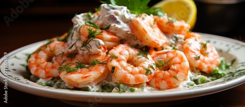 A plate of shrimp salad topped with a sweet lemon wedge, served on a table as part of a seafood dish, showcasing a delicious and refreshing cuisine recipe
