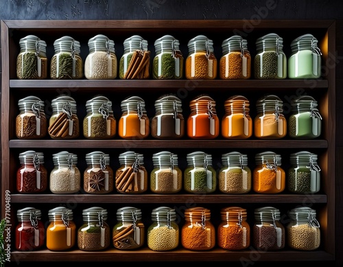 Spice Haven: Abundance of Flavorful Jars Adorning a Spice Shelf