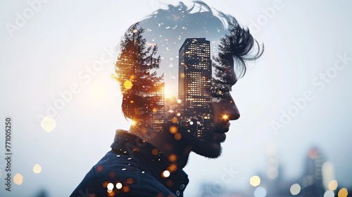 Double exposure combines the face of a man and the glowing windows of a big city at night. Panoramic view. Illustration for cover, card, postcard, interior design, poster, brochure or presentation. photo