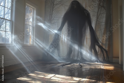 An image capturing a shadowy figure with elongated arms in a sunlit room, creating an eerie atmosphere. photo