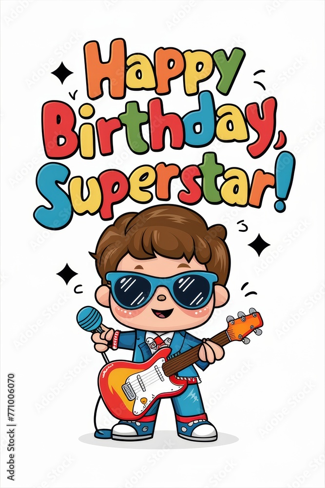 Boy Playing Guitar With Sunglasses and Happy Birthday Superstar Text Boy Playing Guitar With Sunglasses and Happy Birthday Superstar Text