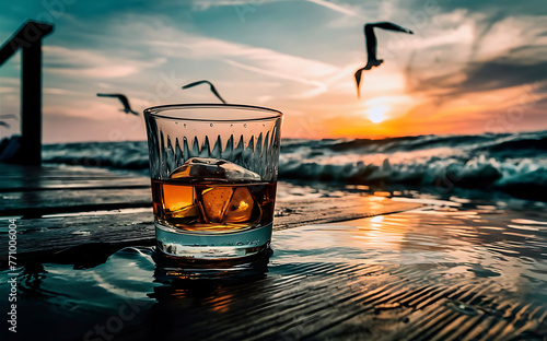 Glass of whiskey with ice on the rocks near the sea selective focus photo