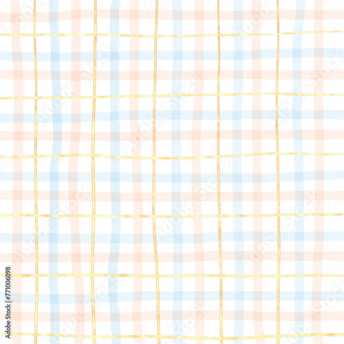 Gold Blue Orange Plaid Gingham Check Hand Drawn Background Overlay