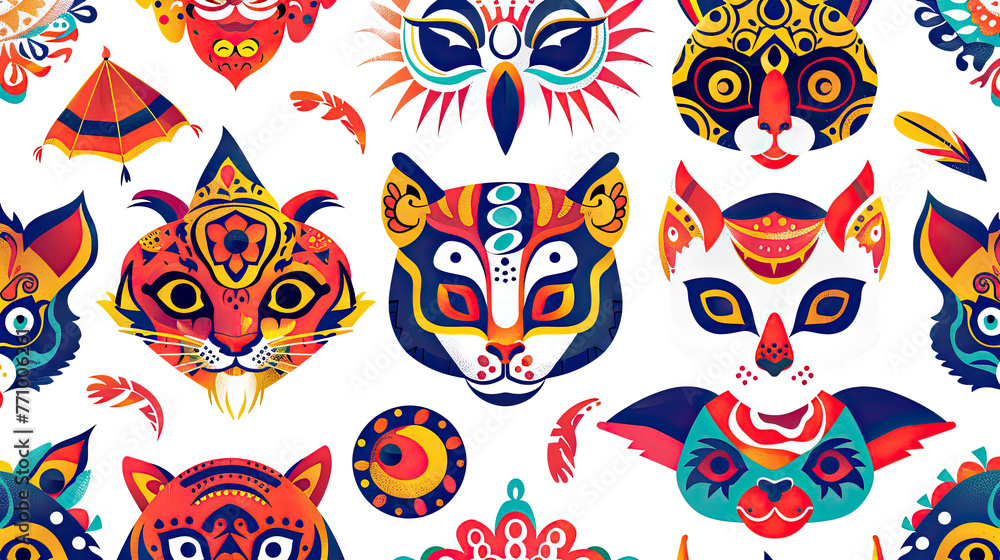 Fototapeta premium Seamless Pattern with Colorful Animal Masks