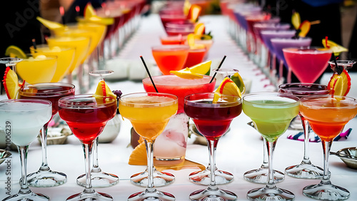 View of alcohol setting on catering banquet table row line of different colored alcohol cocktails on party martini vodka spritz and others on decorated catering table event