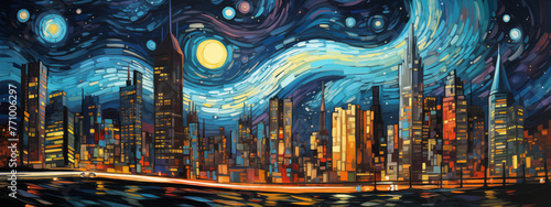 Stylized Night Cityscape with Swirling Van Gogh-Inspired Sky