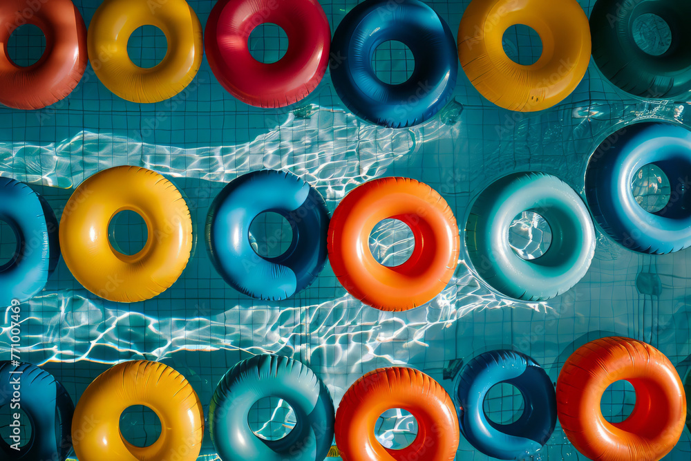 Fototapeta premium Top down view of a summer swimming pool full of inflatable pool floats
