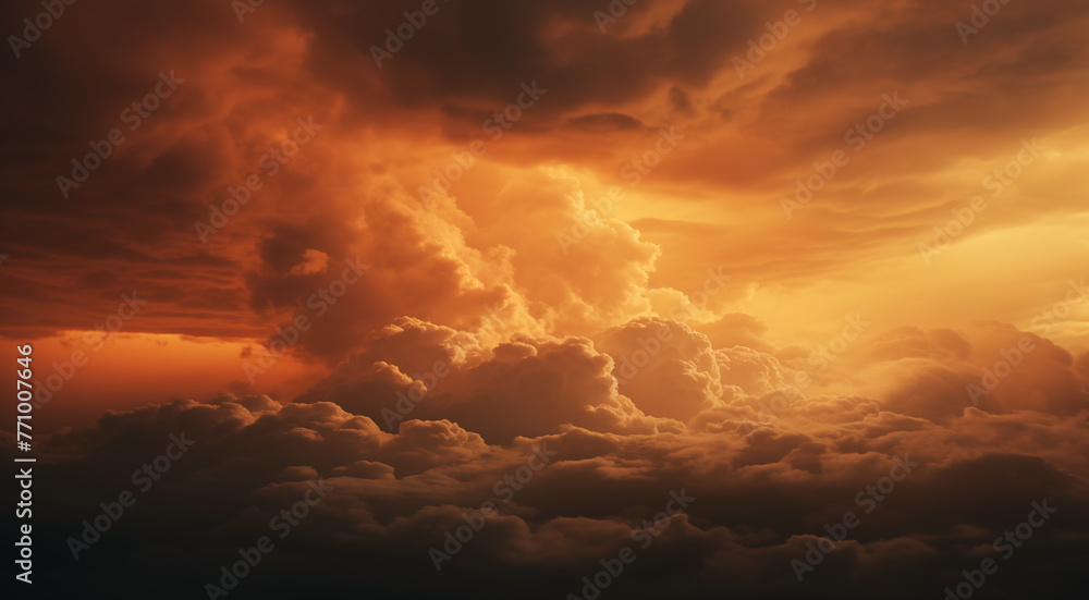 Most magnificent cloudscape stormy sky in shades of fiery yellow and orange. Areal view inside the clouds. Above the stormy sky. Cinematic epic fantasy lighting. Otherworldly mystery firmament concept