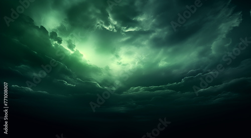 Most magnificent cloudscape stormy sky in shades of green and black. Areal view inside the clouds. Above the stormy sky. Cinematic epic fantasy lighting. Otherworldly mystery firmament concept. 