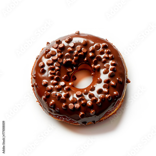 Chocolate frosted donut isolated on white background. AI generated. AI generation