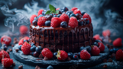 Chocolate cake with different berries on dark background. AI generated. AI generation