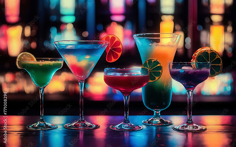 Colorful cocktail drinks in a bar illustration Colorful cocktail drinks in a bar illustration