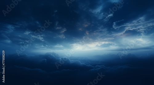 Most magnificent cloudscape stormy sky in shades of white and dark blue. Areal view inside the clouds. Above the stormy sky. Cinematic epic fantasy lighting. Otherworldly mystery firmament concept. 