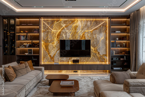Grandiose living room with gold-veined marble wall, towering espresso wood bookcase, recessed LED lights. Grandeur with contemporary design in country house.